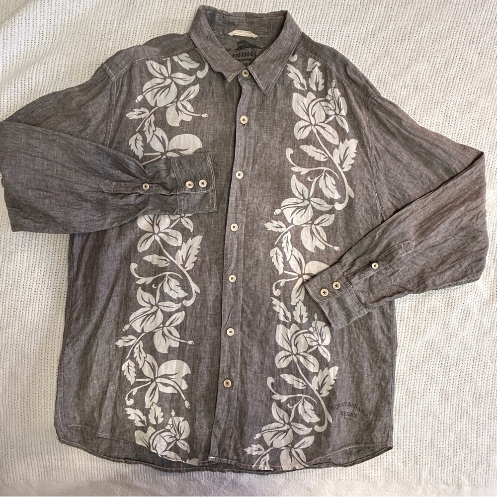 Tommy Bahama Men’s Large Tall Grey Linen Marlin Floral Long Sleeve Shirt *READ